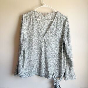 Loft White Green Floral Faux Wrap Tie Waist 3/4 Sleeve Blouse